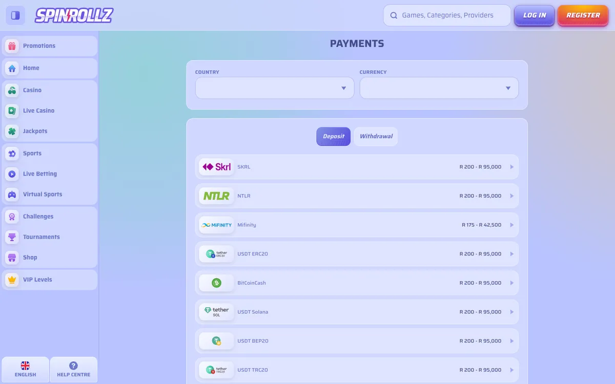 Spinrollz Casino — Payments, captured from South Africa