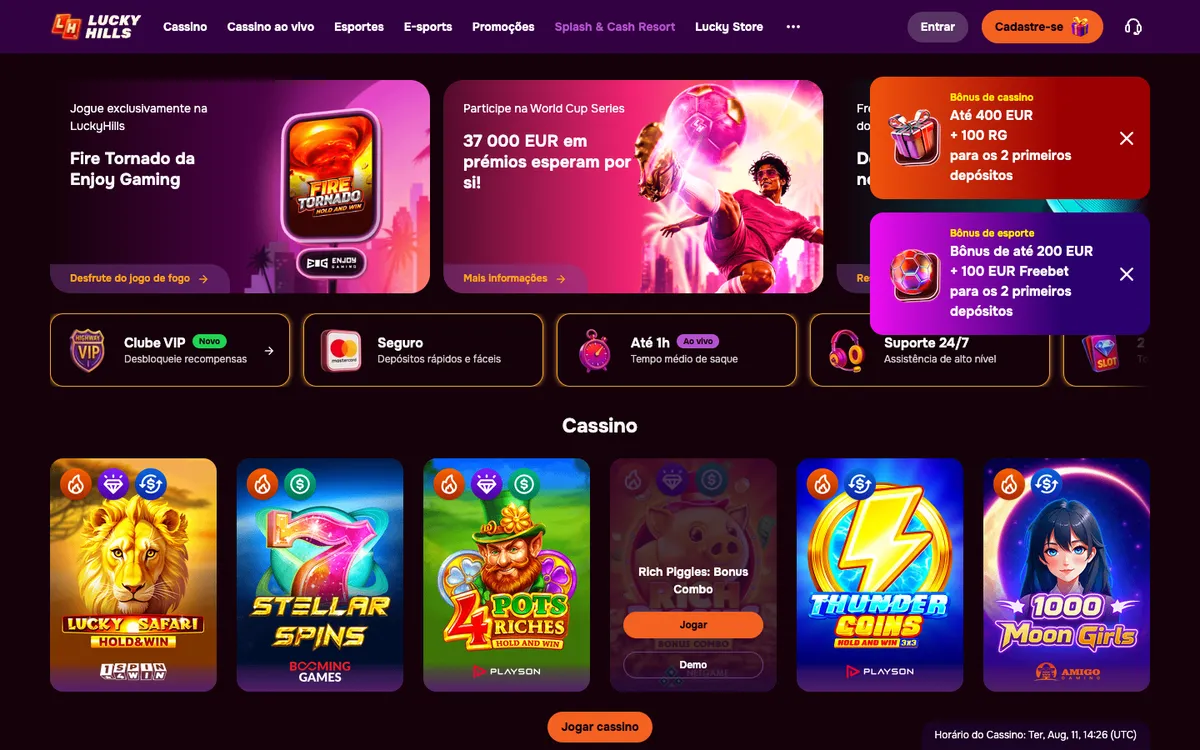 LuckyHills Casino — Home page, captured from Portugal