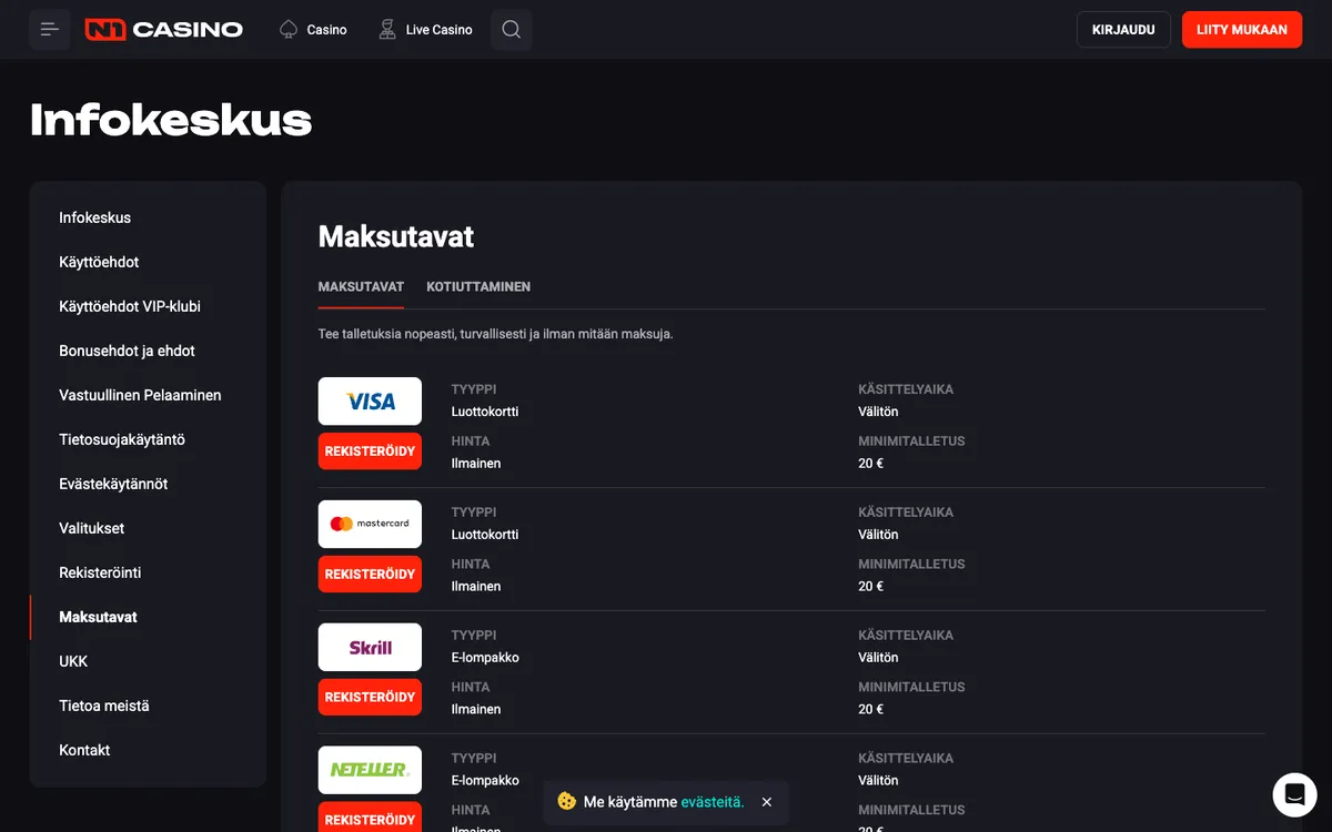 N1 Casino — «Платежи», снято из страны Финляндия
