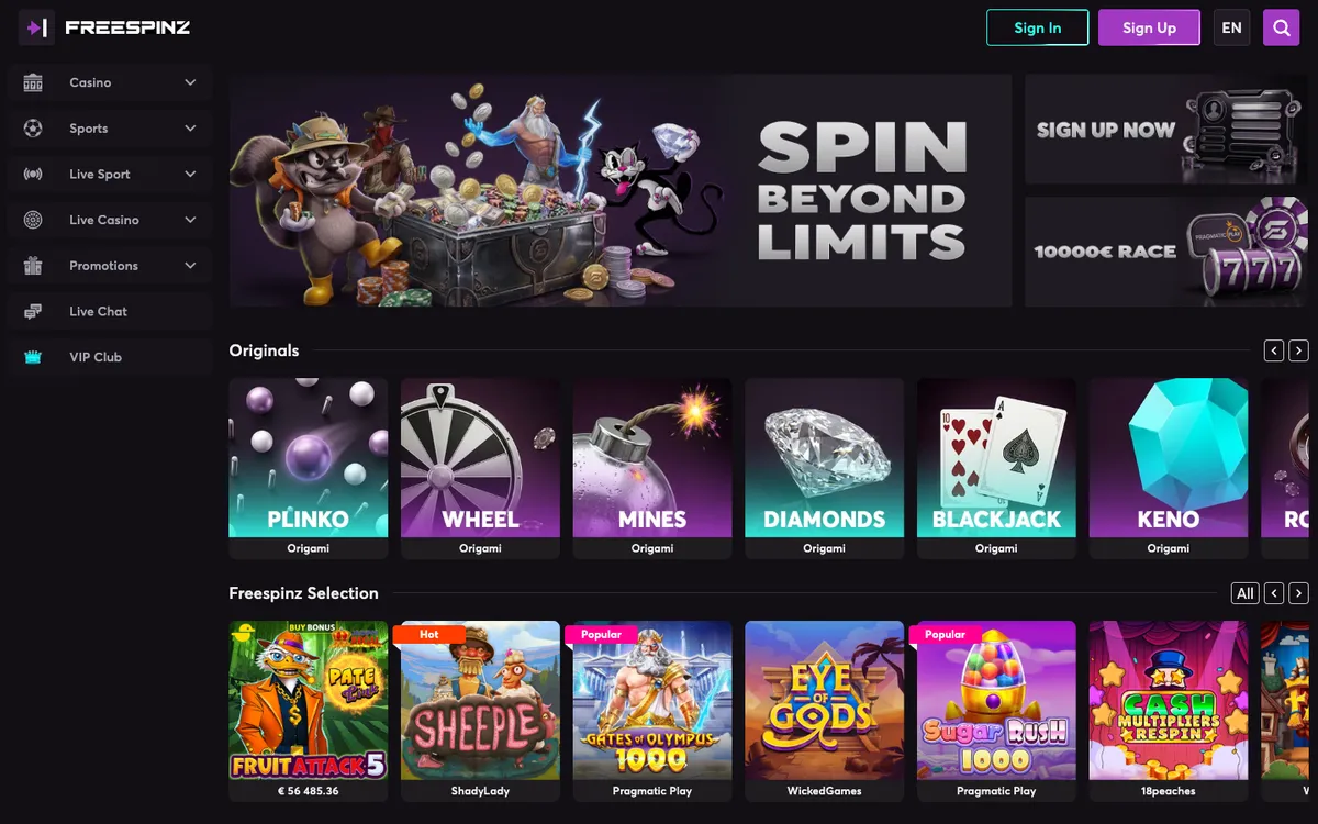 Freespinz Casino — «Главная», снято из страны Испания