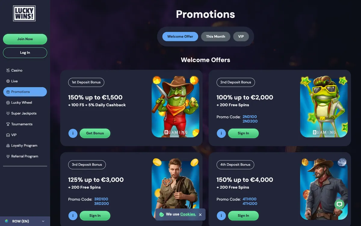 LuckyWins Casino — Promotions, captured from South Africa