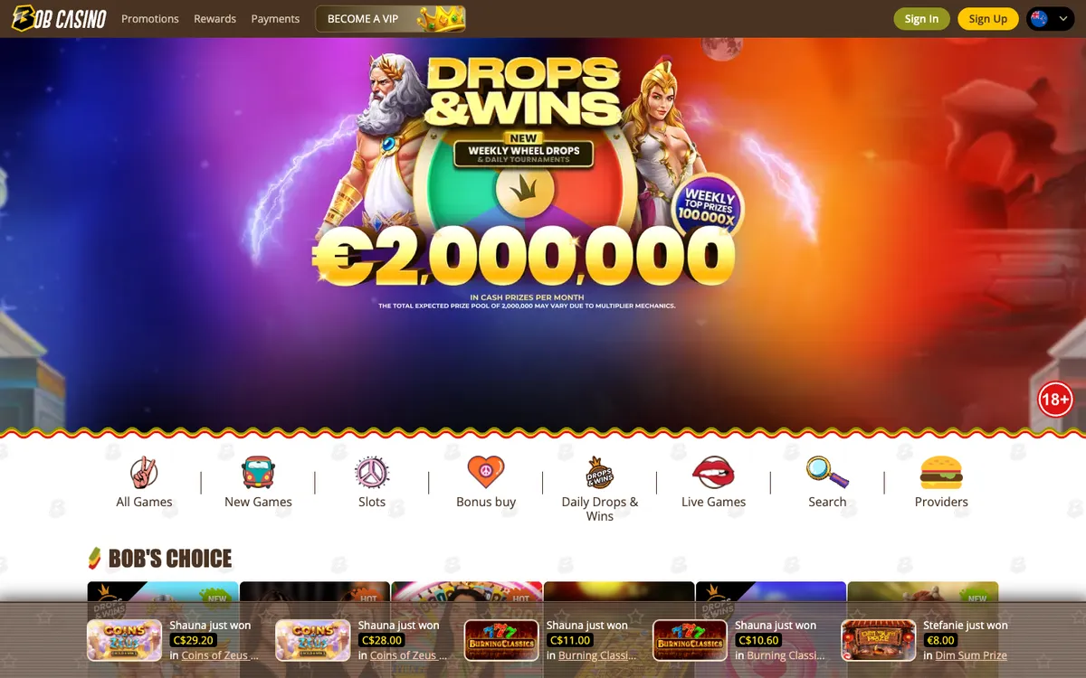 Bob Casino — Home page, captured from New Zealand