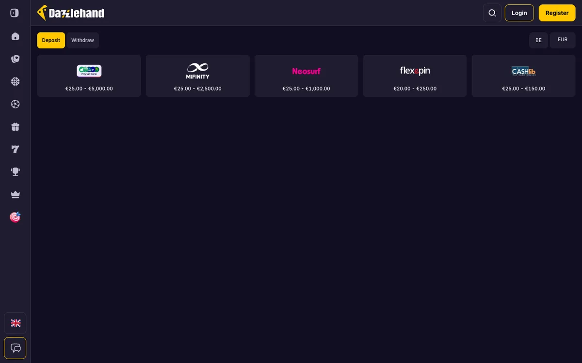 Dazzlehand Casino — Payments, captured from Belgium