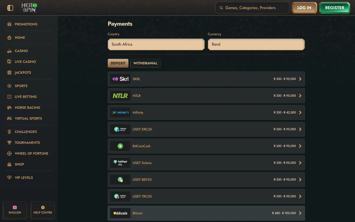 HeroSpin Casino — «Платежи», снято из страны Южно-Африканская Республика
