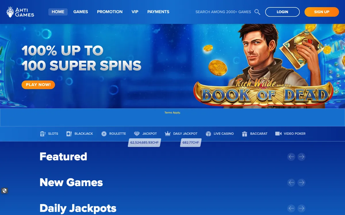 AHTI Games Casino — Home page, captured from Switzerland
