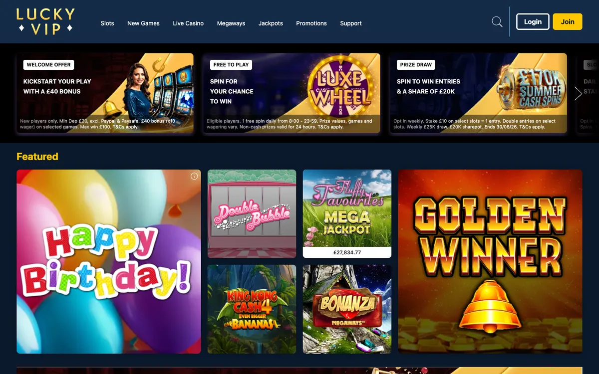 Lucky VIP Casino — «Главная», снято из страны Великобритания