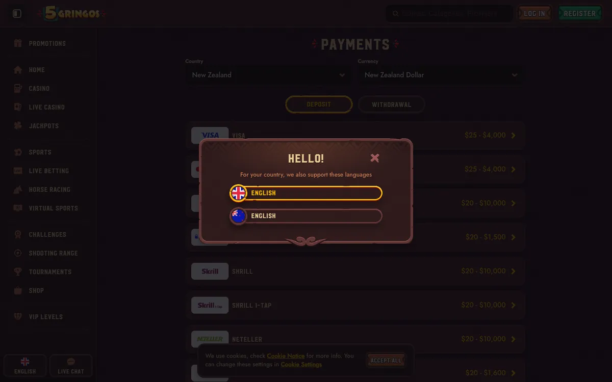5Gringos Casino — «Платежи», снято из страны Новая Зеландия