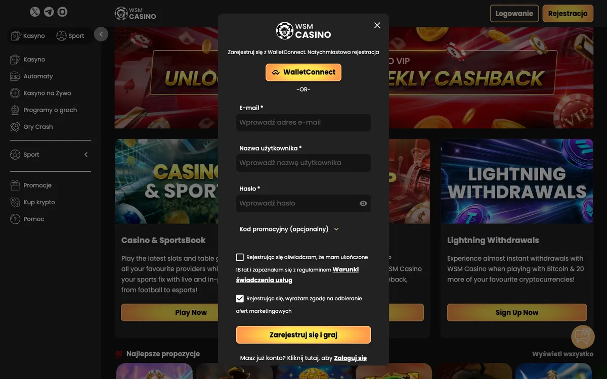 WSM Casino — Sign-up, captured from Poland