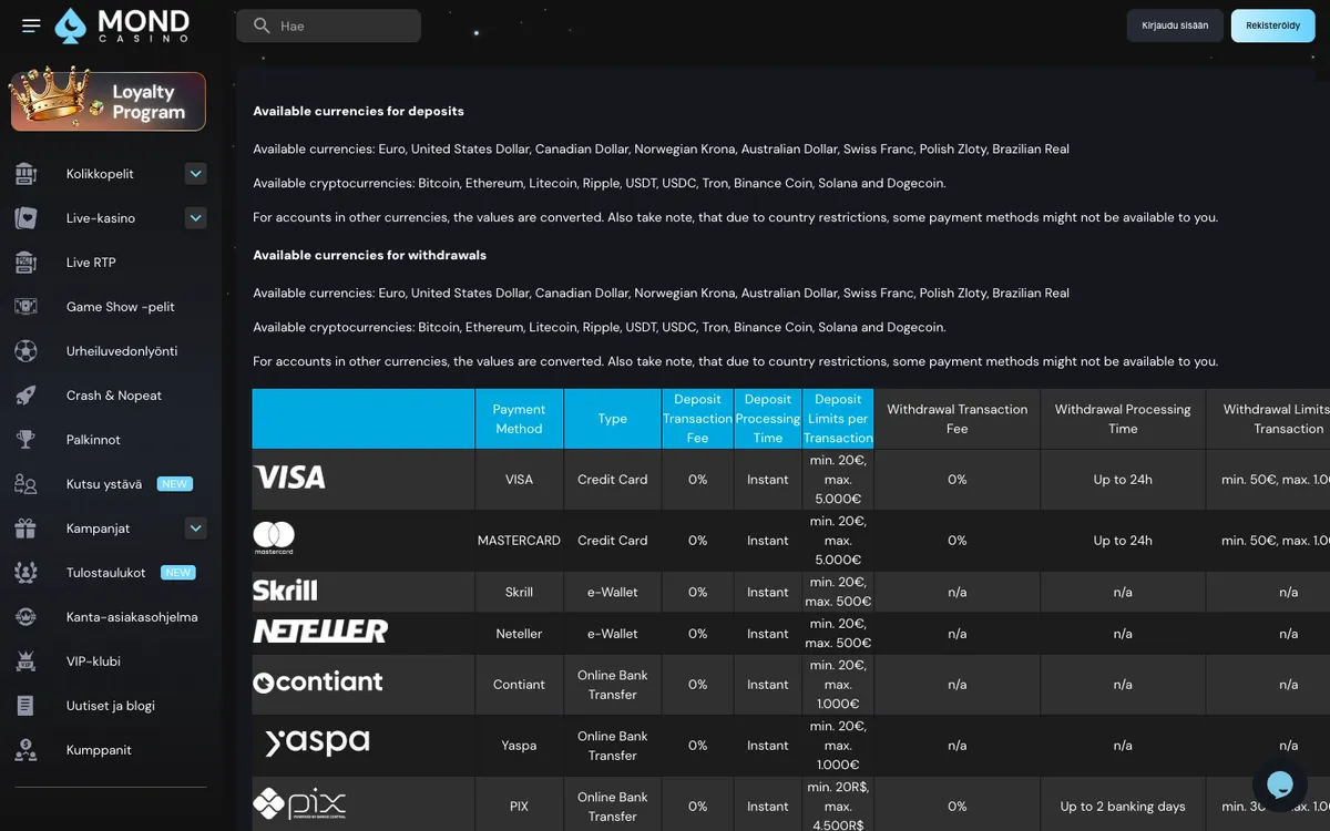 Mondcasino — Payments, captured from Finland