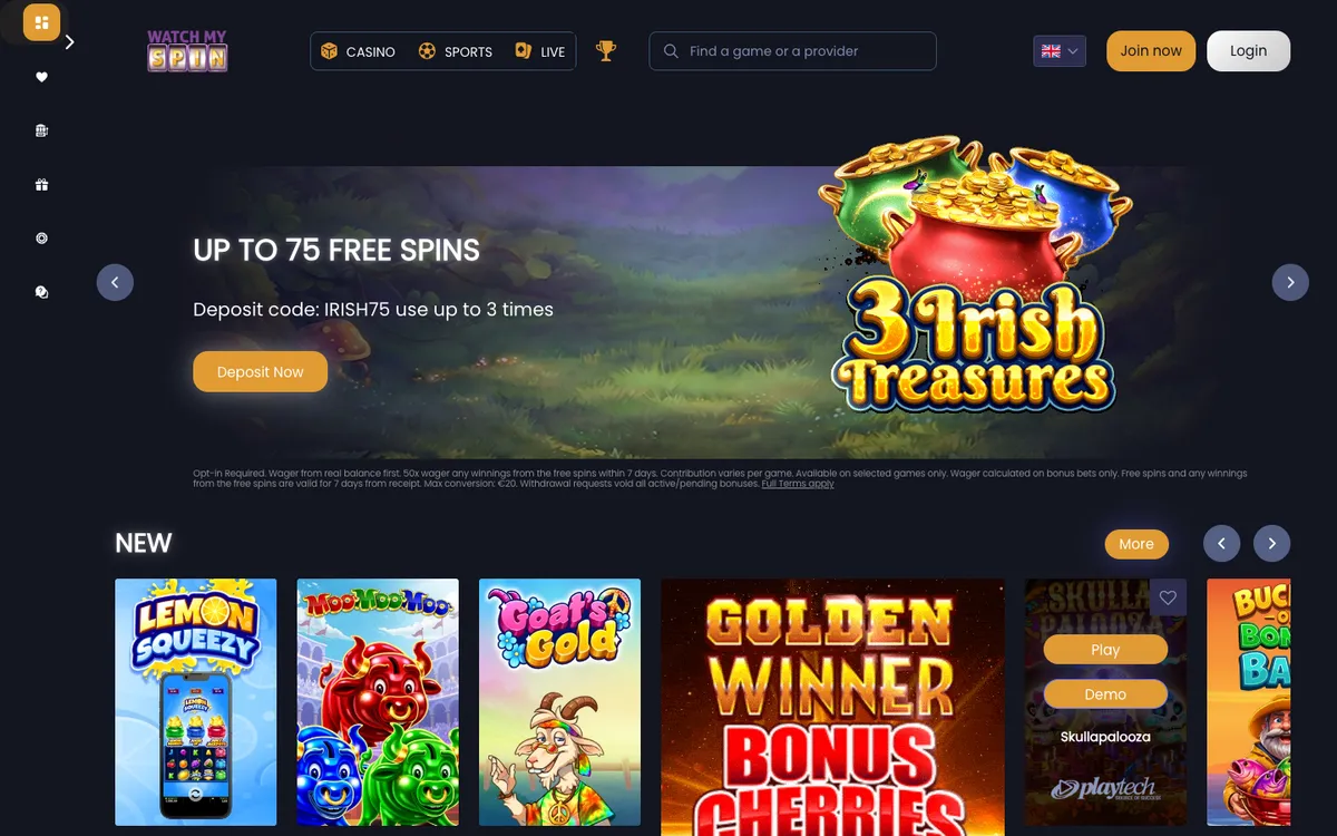 Watchmyspin Casino — Home page, captured from Belgium