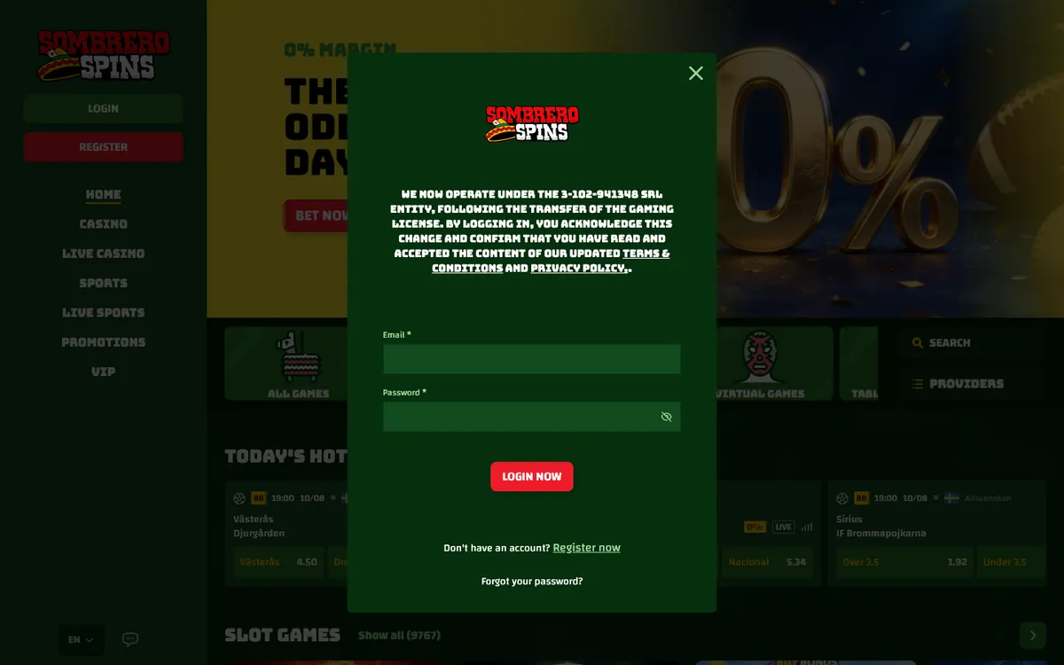 Sombrero Spins Casino — «Регистрация», снято из страны Бельгия