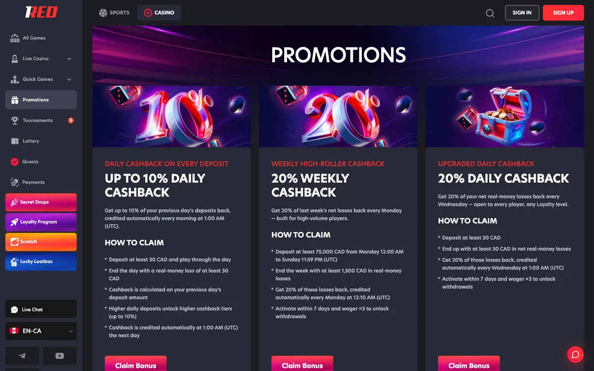 1Red Casino — «Акции», снято из страны Канада