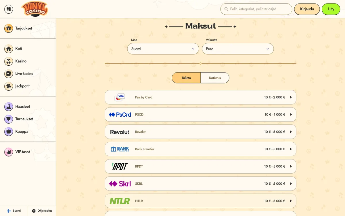 Vinyl Casino — Payments, captured from Finland