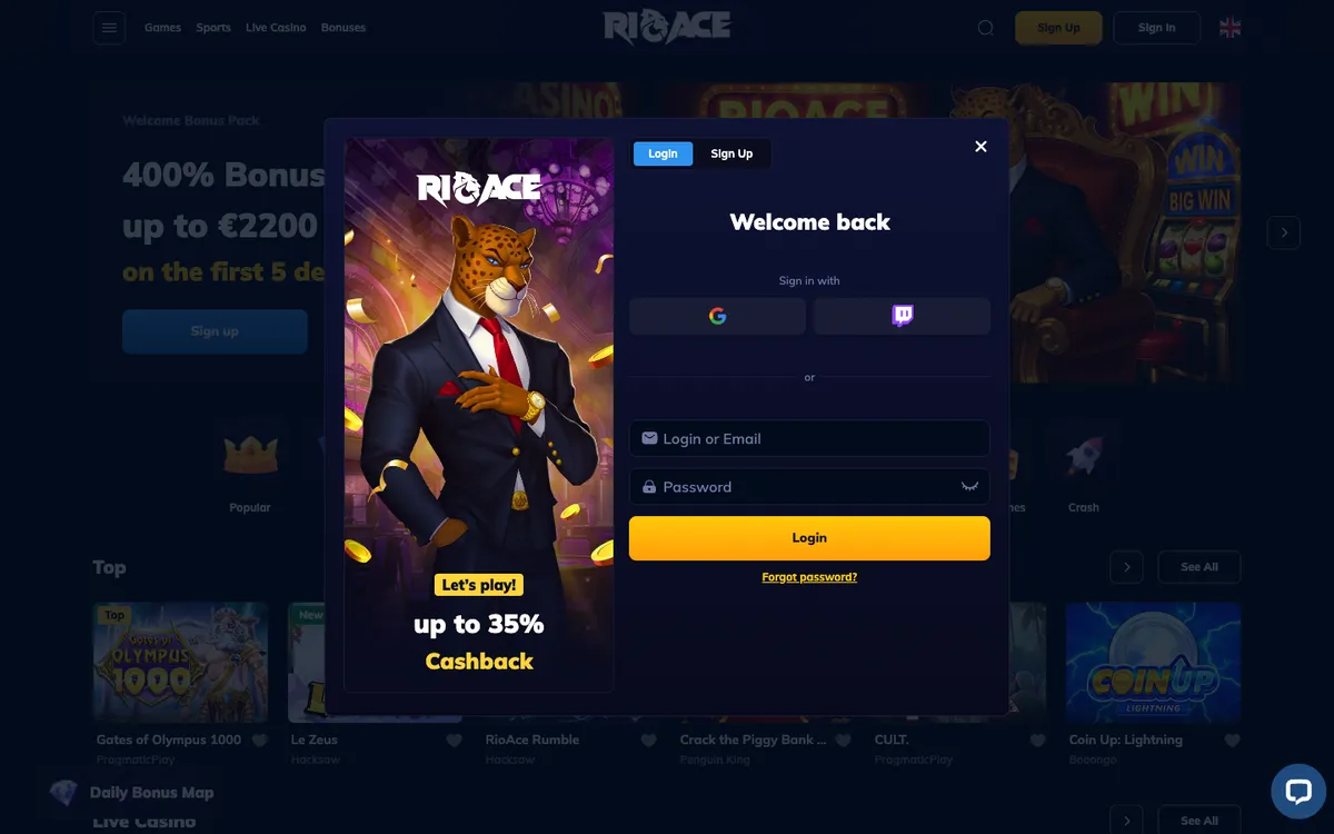 RioAce Casino — Sign-up, captured from Belgium
