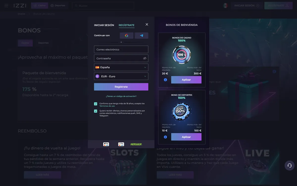 Izzi Casino — Promotions, captured from Spain