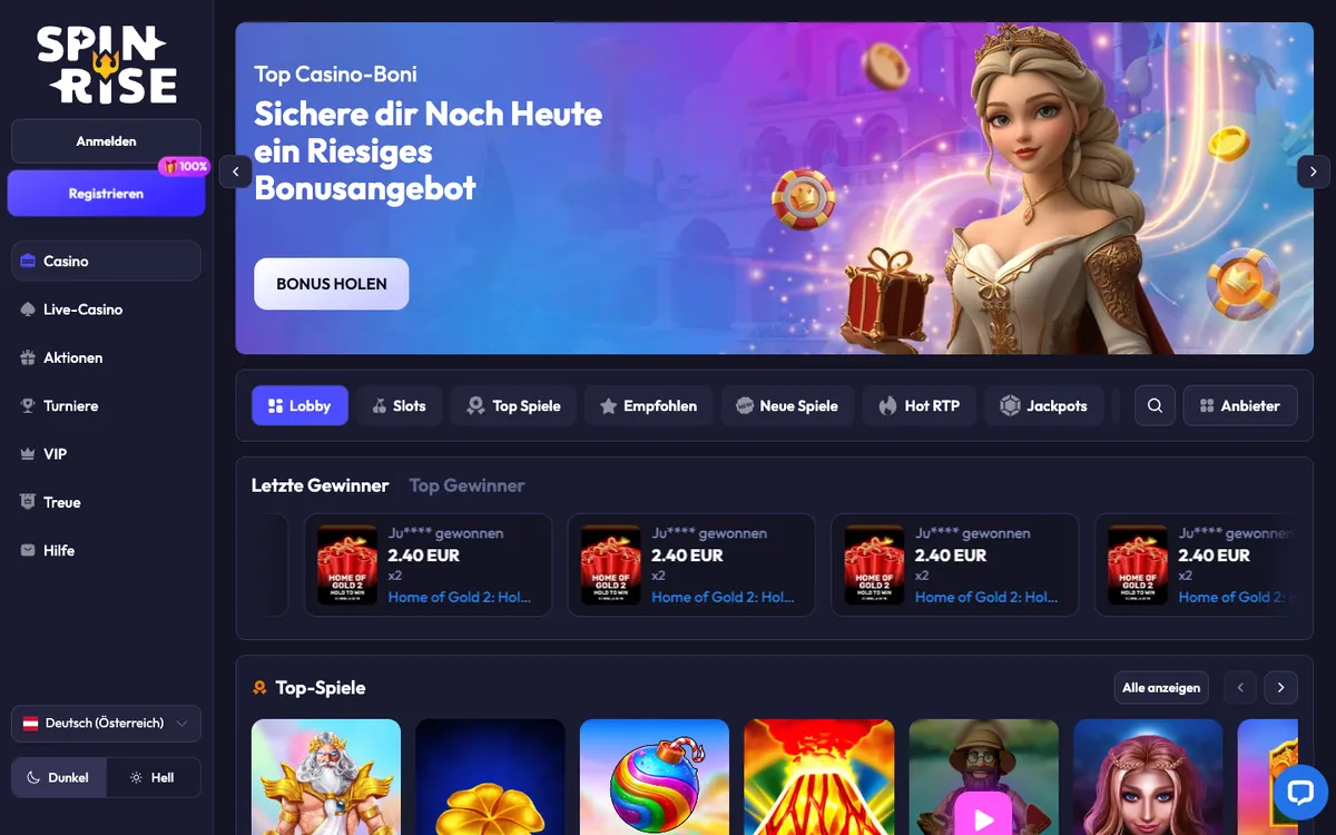 Spinrise Casino — Home page, captured from Austria
