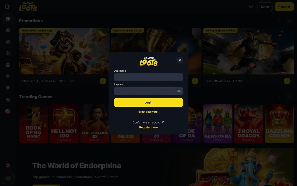 Casinoloots Casino — Sign-up, captured from Belgium