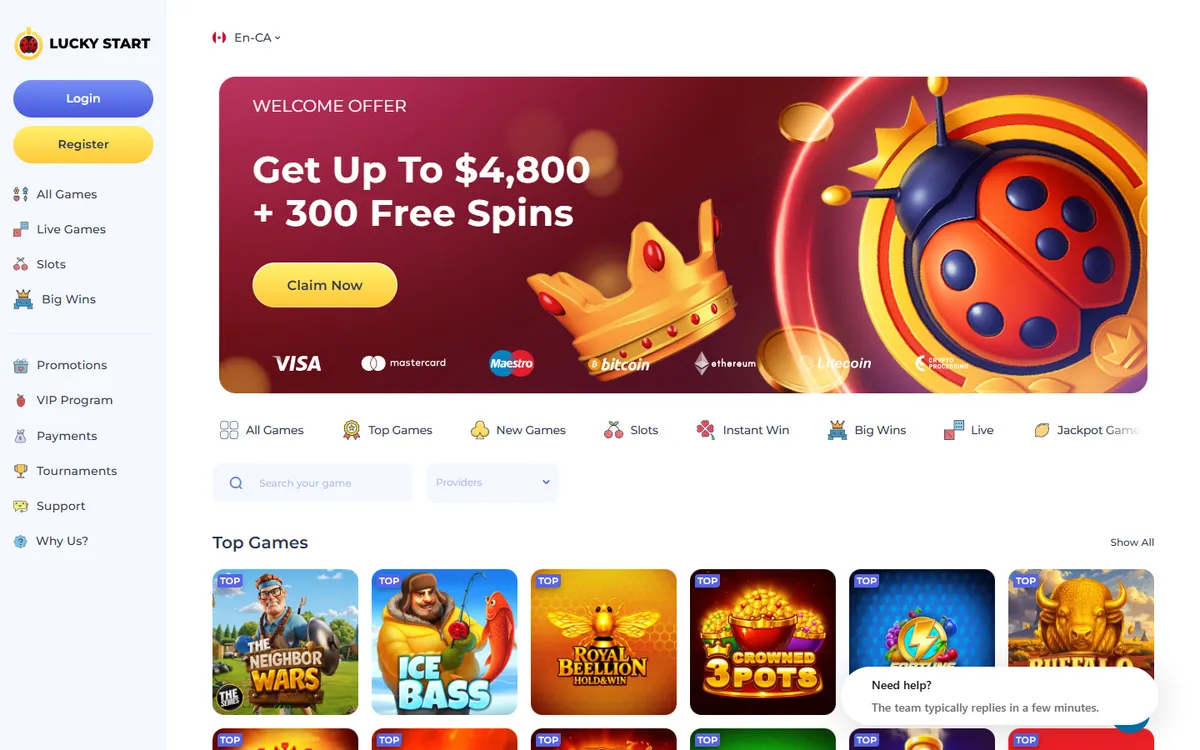 Luckystart Casino — «Главная», снято из страны Канада