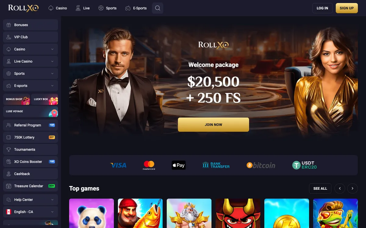 RollXO Casino — Home page, captured from Canada