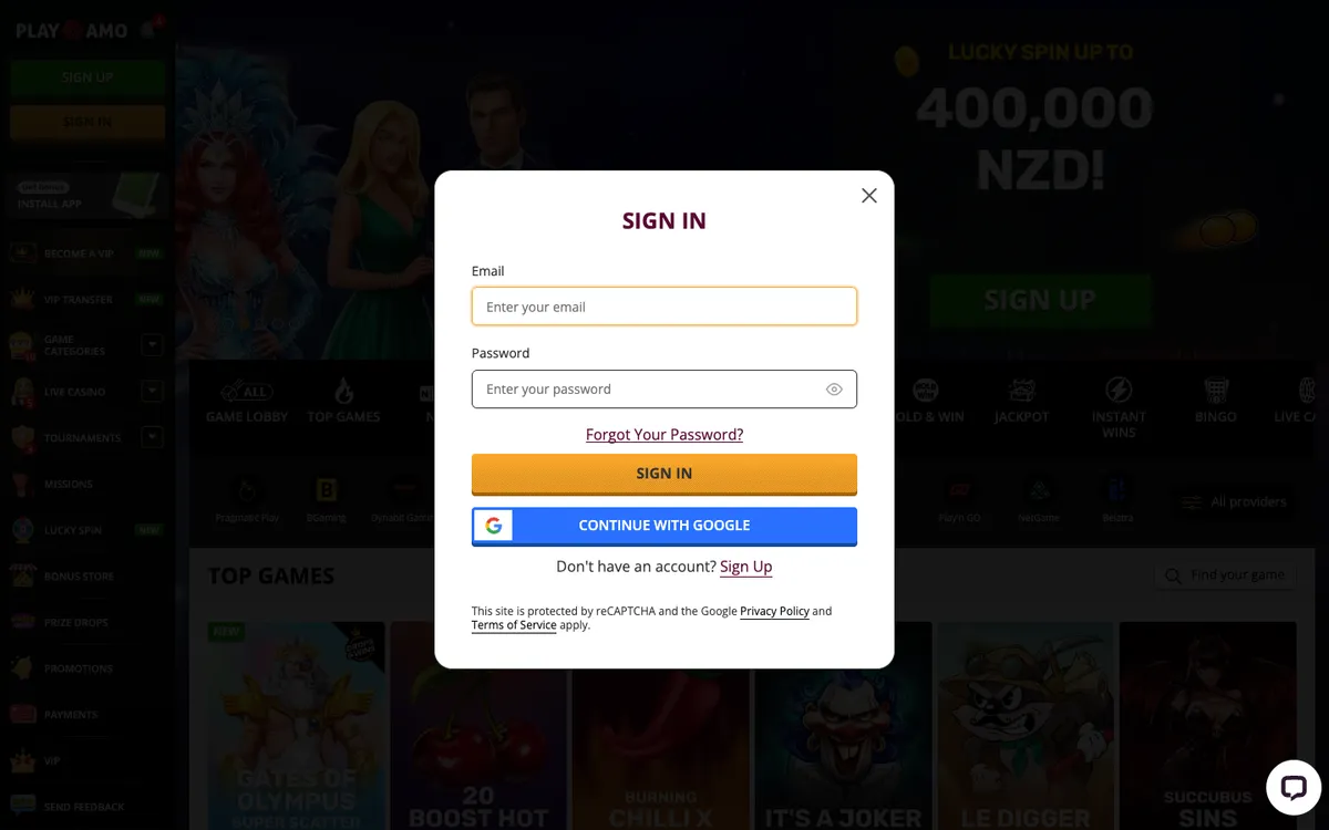 Playamo Casino — «Регистрация», снято из страны Новая Зеландия