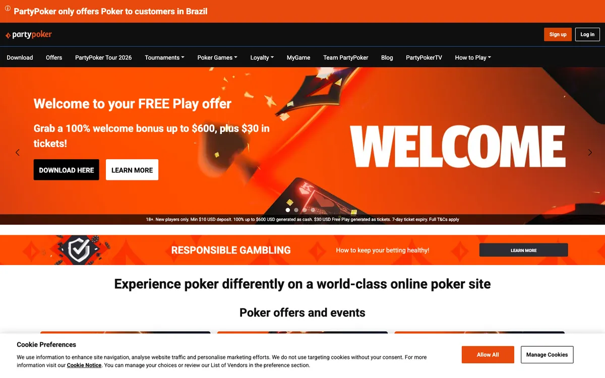 Party Poker Casino — Home page, captured from Brazil