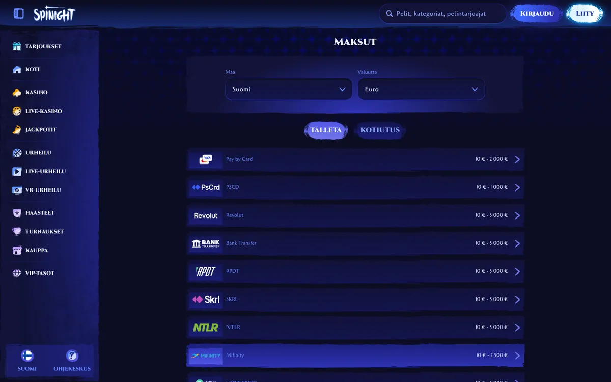 Spinight Casino — Payments, captured from Finland