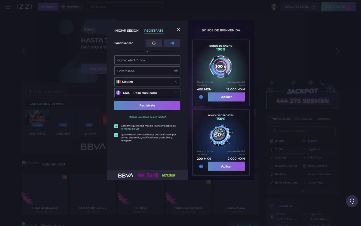 Izzi Casino — Home page, captured from Mexico