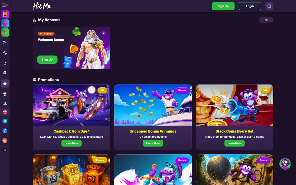 Hit Me Casino — Promotions, captured from South Africa