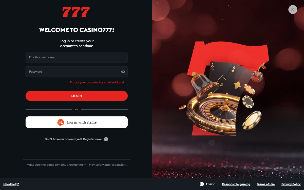 Casino777.be — Sign-up, captured from United Kingdom