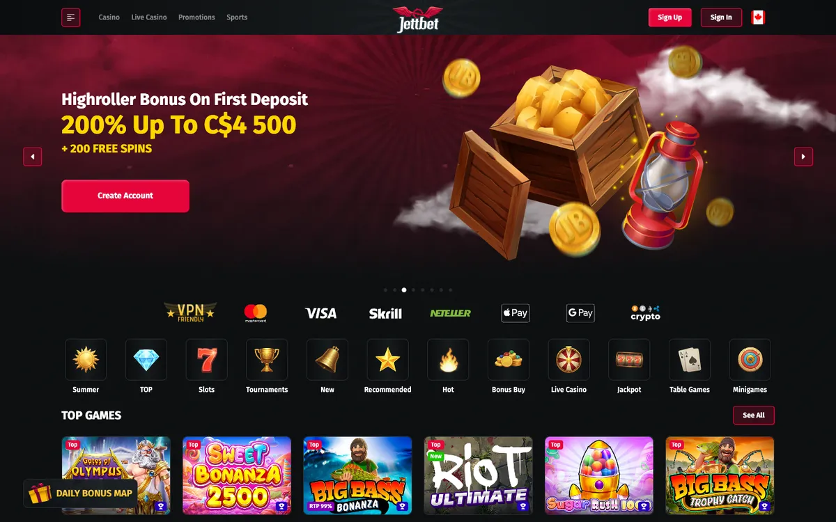 JettBet Casino — Home page, captured from Canada