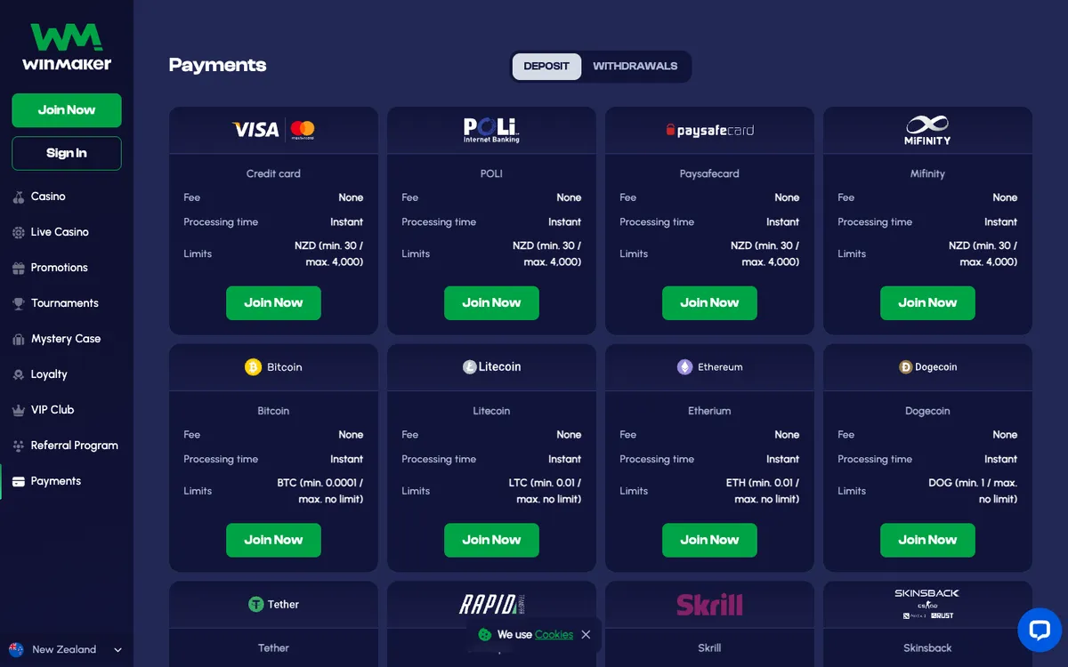Winmaker Casino — Payments, captured from New Zealand