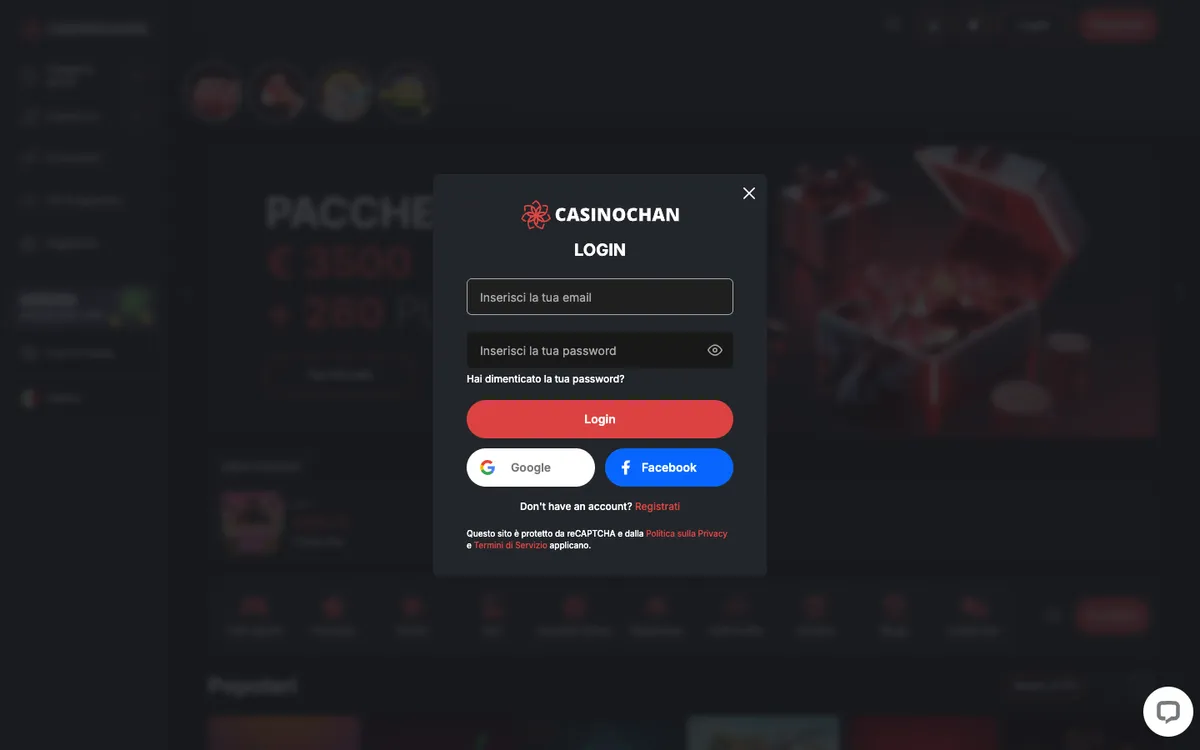 CasinoChan — Sign-up, captured from Italy