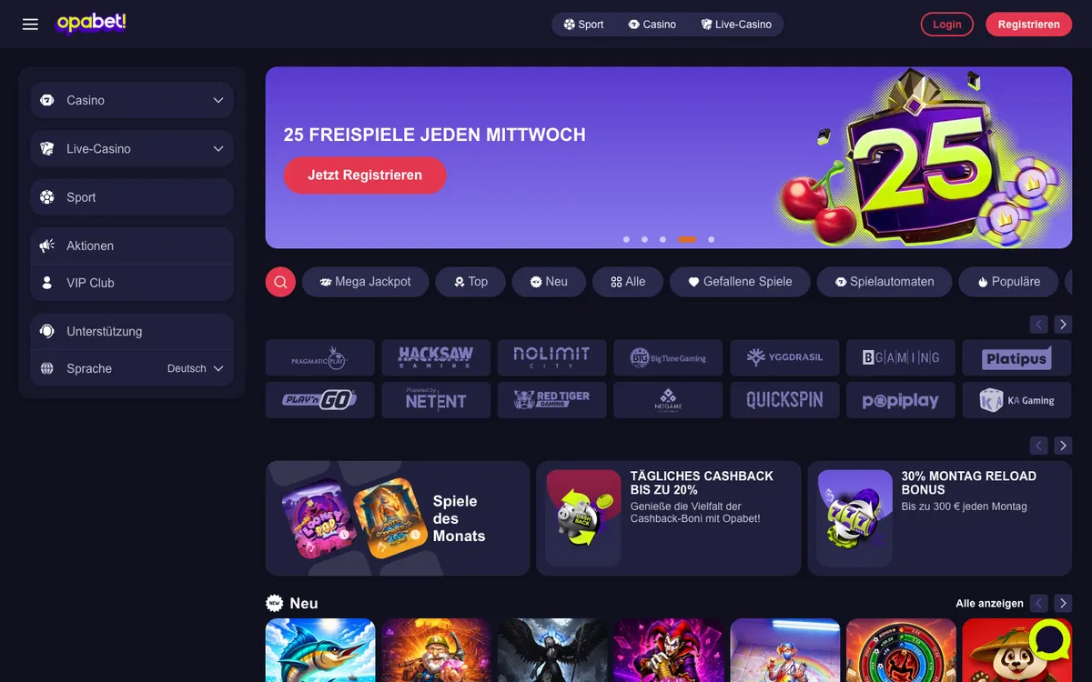 Opabet Casino — Home page, captured from Austria