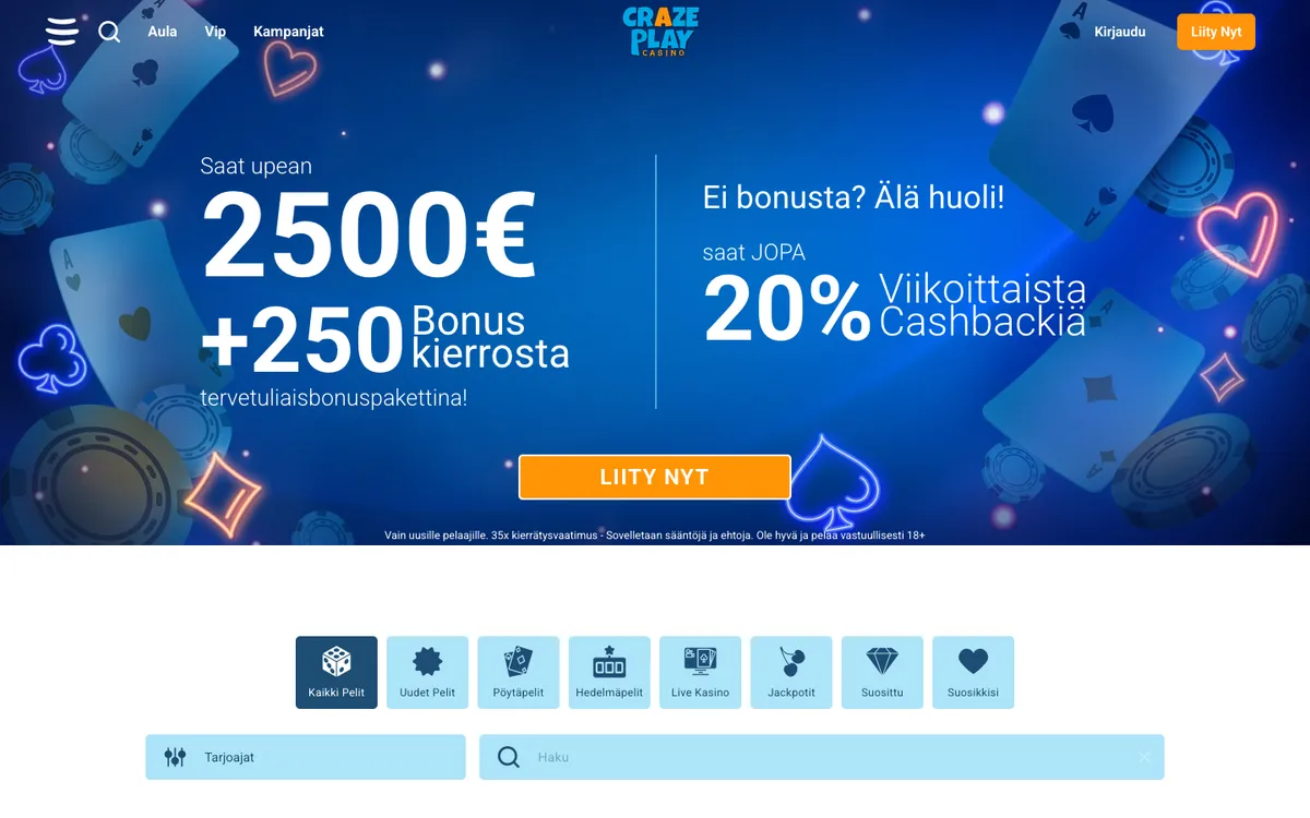 CrazePlay Casino — Home page, captured from Finland
