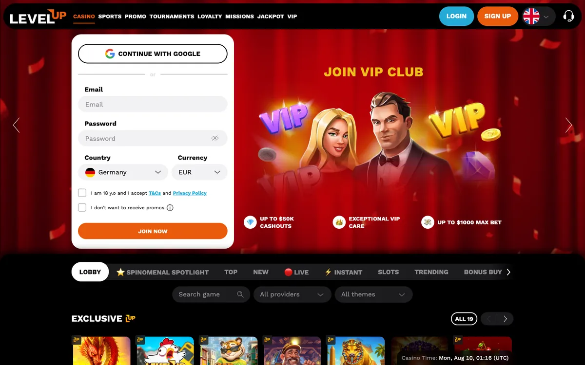LevelUp Casino — «Главная», снято из страны Германия