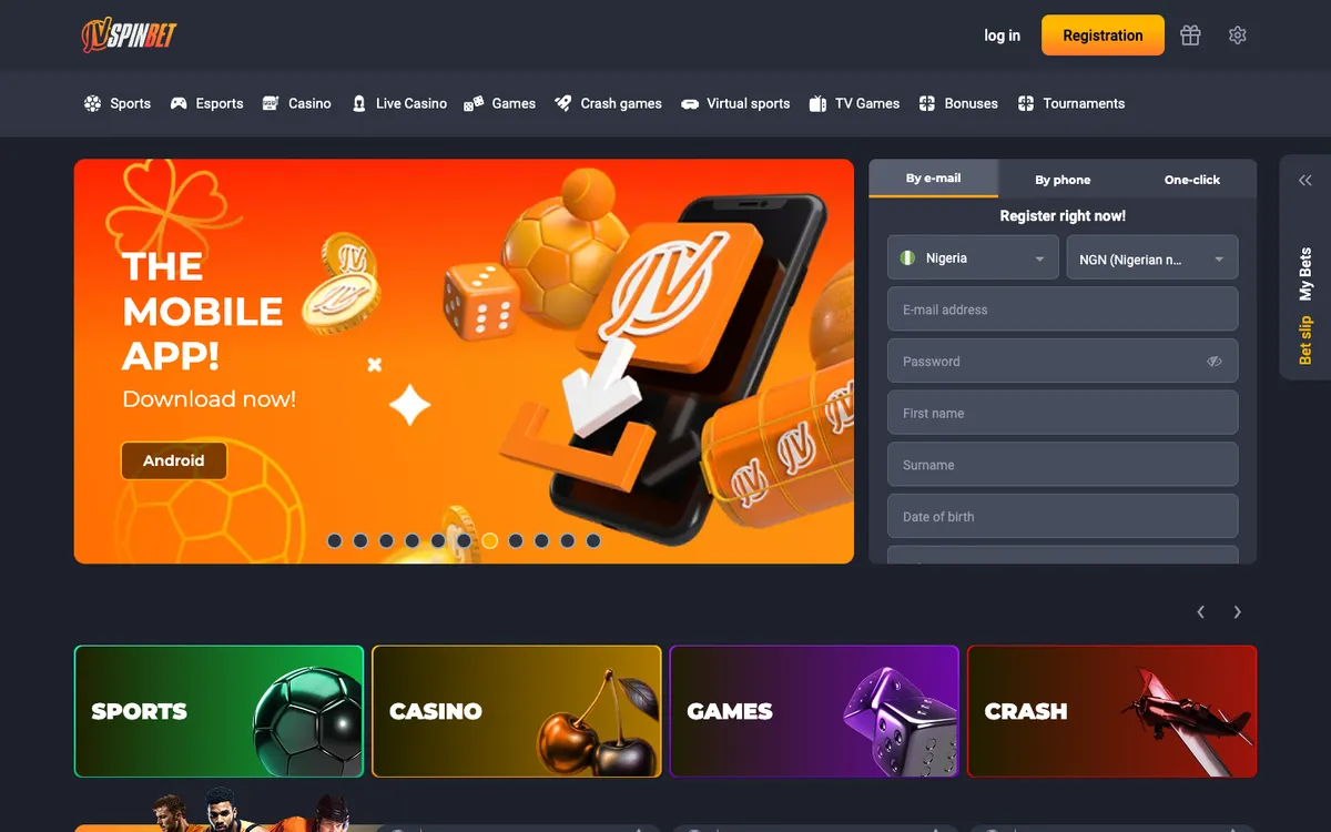 JVSPINBET Casino — Home page, captured from Nigeria