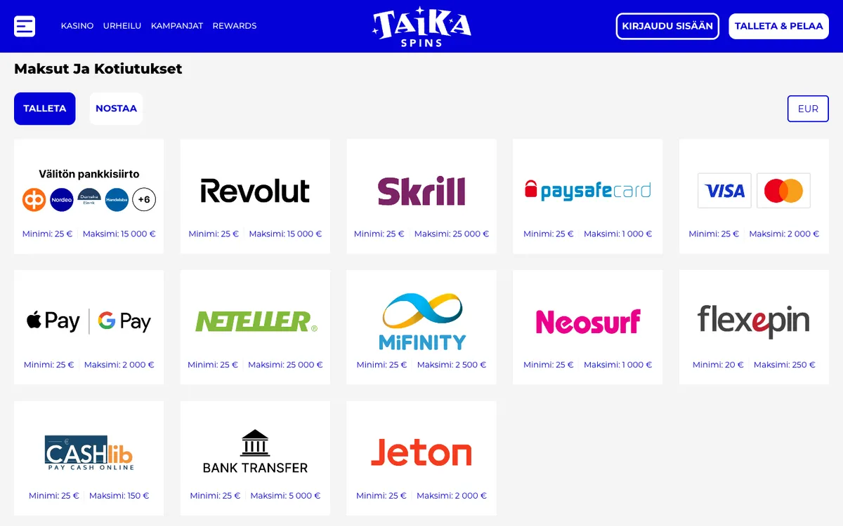 Taikaspins Casino — «Платежи», снято из страны Финляндия