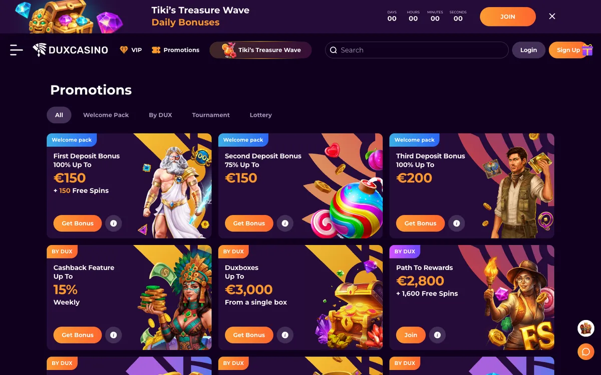 DuxCasino — Promotions, captured from New Zealand