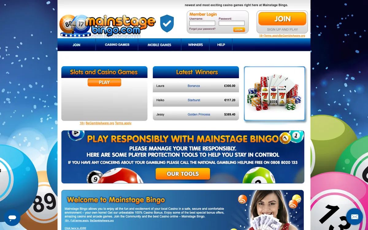 Mainstage Bingo Casino — Home page, captured from United Kingdom