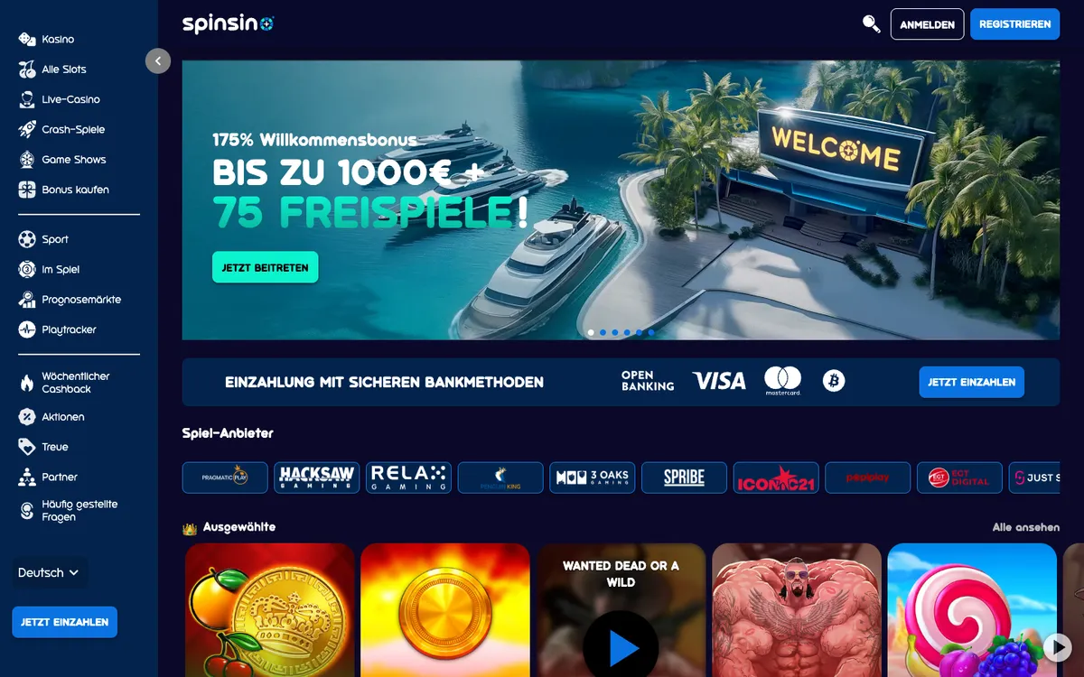 Spinsino Casino — Home page, captured from Germany