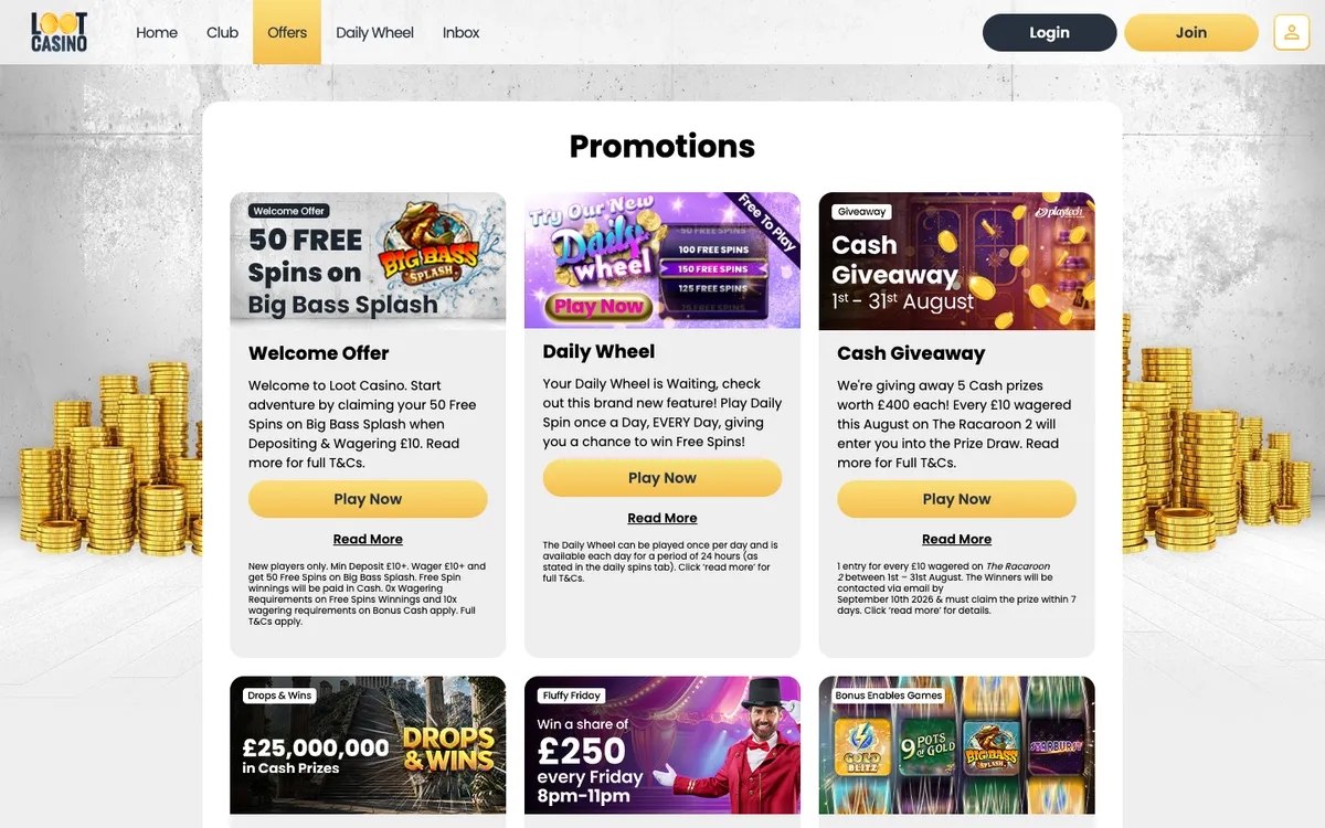 Loot Casino — «Акции», снято из страны Великобритания