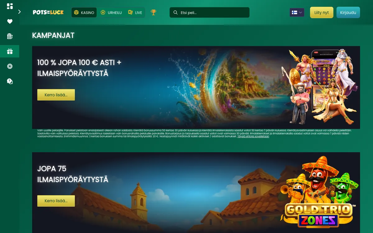 PotsOfLuck Casino — «Акции», снято из страны Финляндия