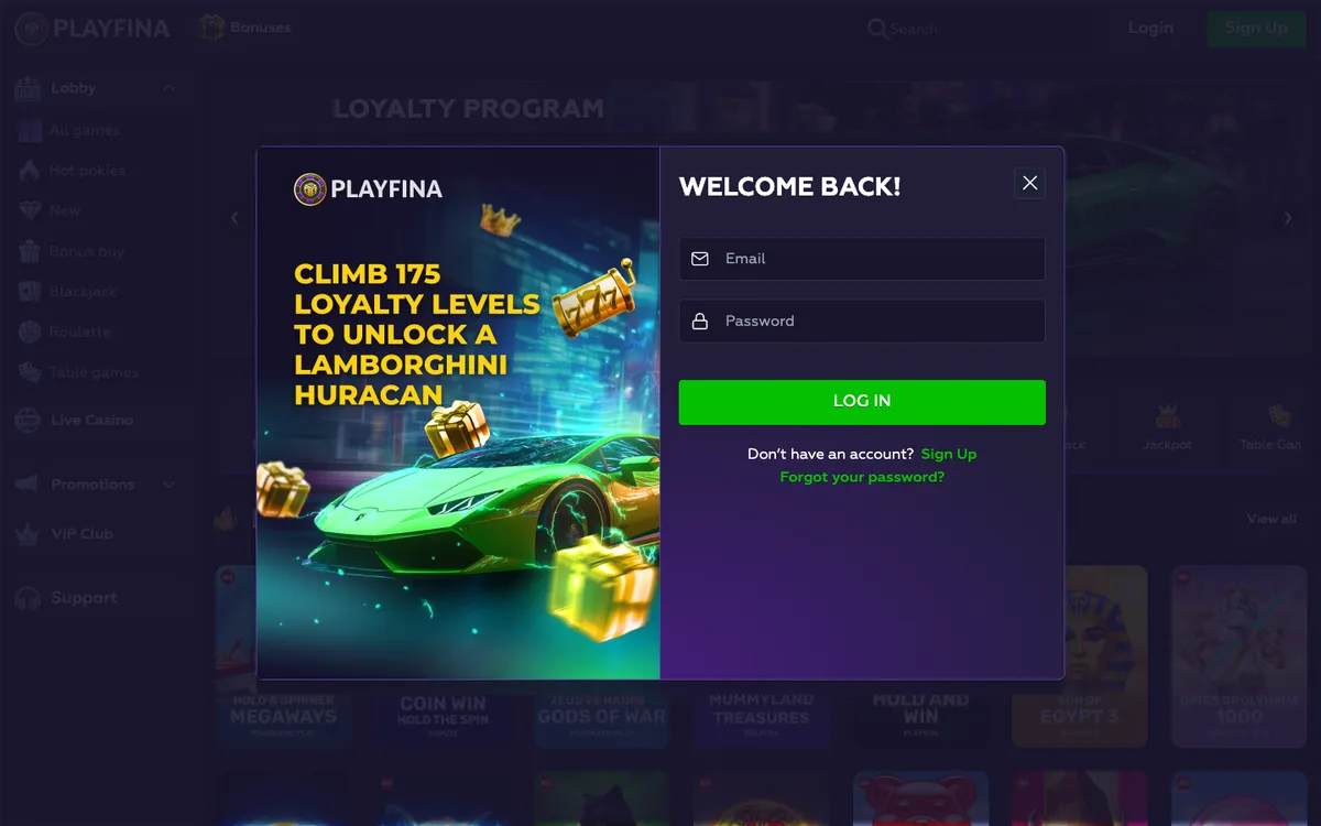 Playfina Casino — Sign-up, captured from Australia
