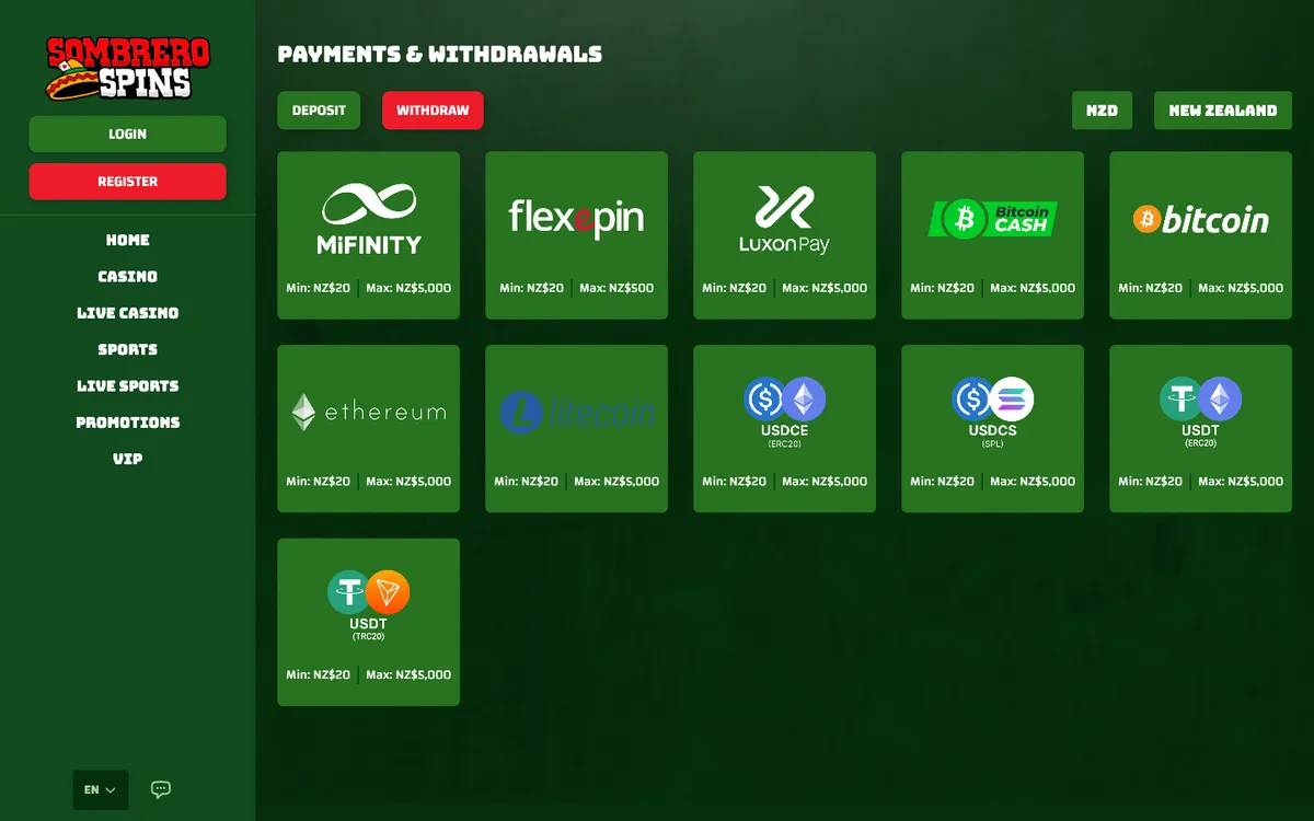 Sombrero Spins Casino — «Платежи», снято из страны Новая Зеландия
