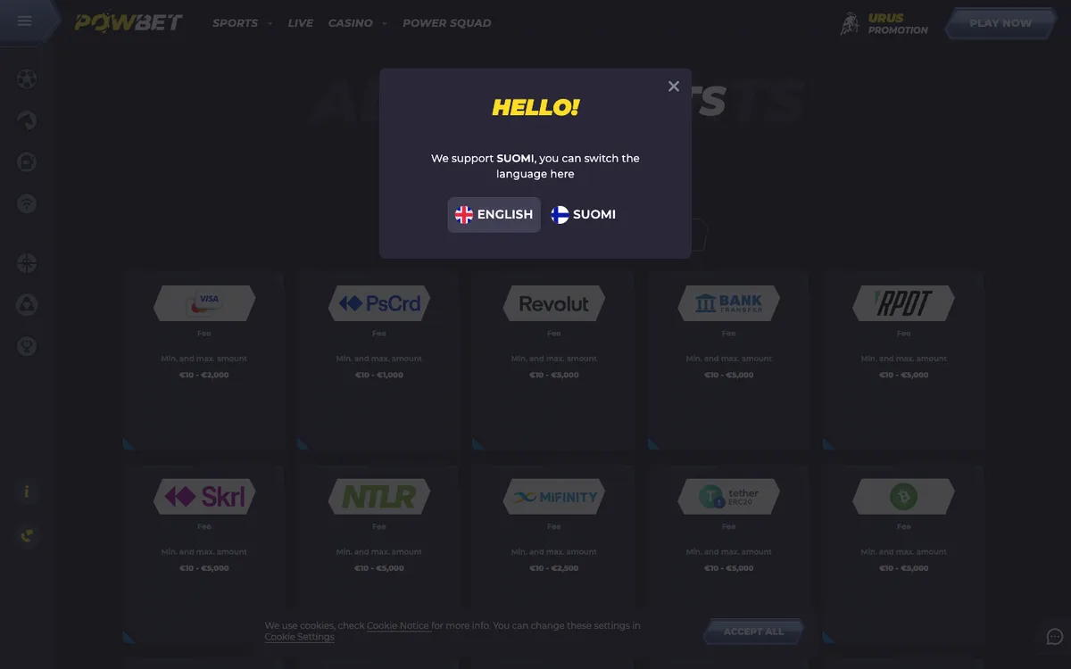 PowBet Casino — Payments, captured from Finland