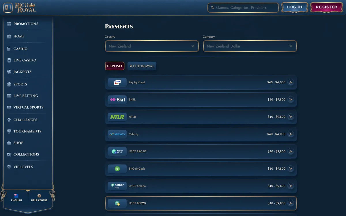 Rich Royal Casino — Payments, captured from New Zealand