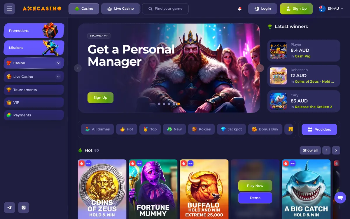 Axecasino — «Главная», снято из страны Австралия
