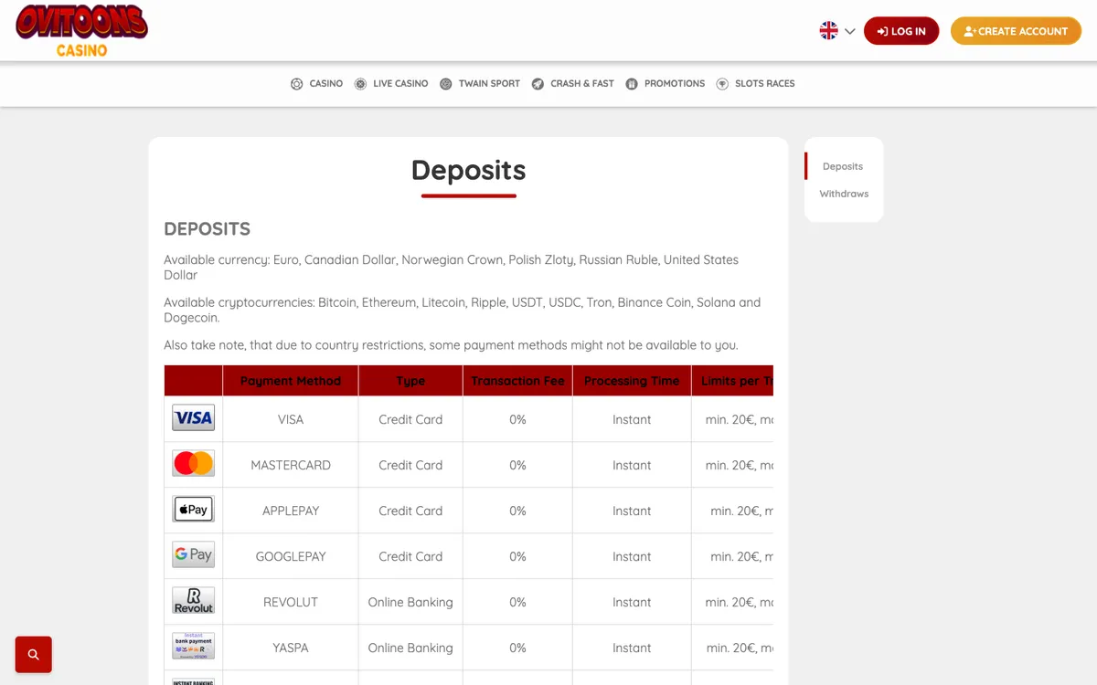 Ovitoons Casino — Payments, captured from Austria