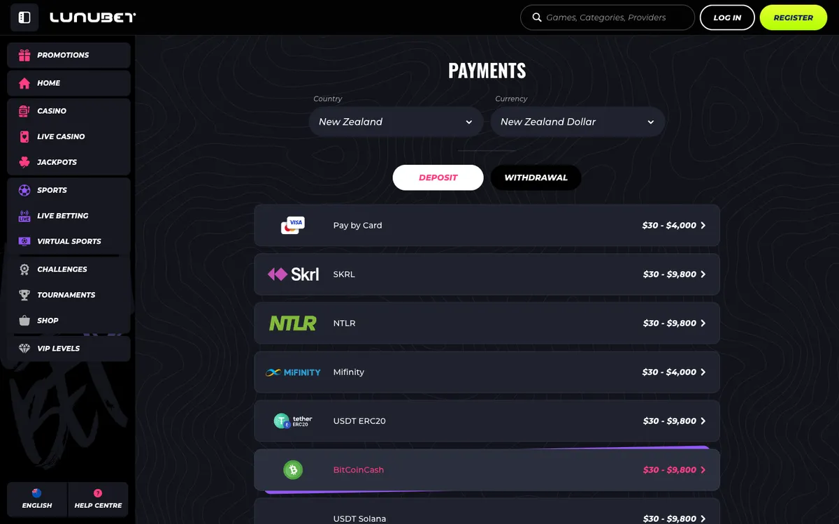 LunuBet Casino — Payments, captured from New Zealand