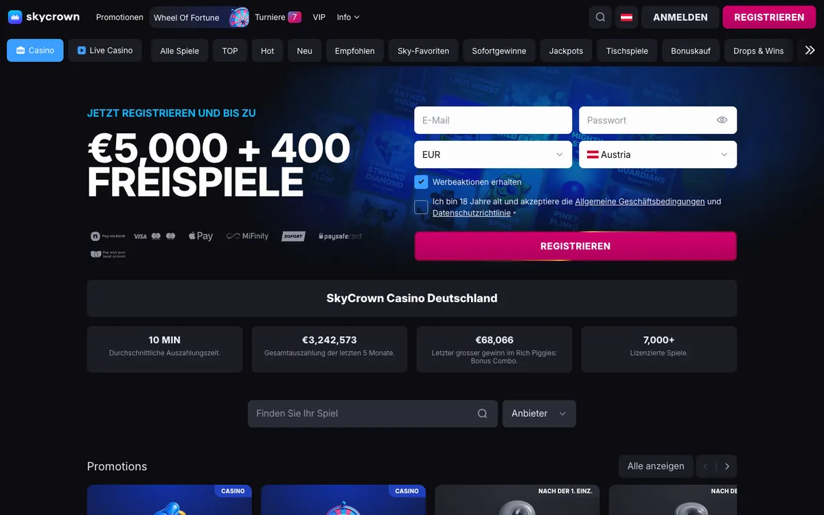 Skycrown Casino — Home page, captured from Austria